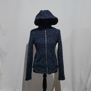 Sherpa jacket hoodie coat mid layer athletic outdoor paisley sustainable blue
